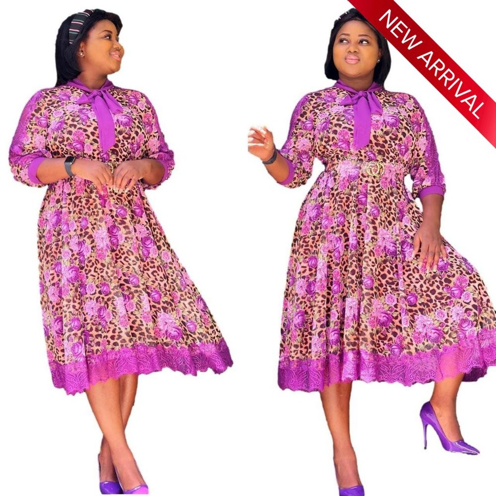 Purple Pussy-Bow Animal & Floral Print Dress